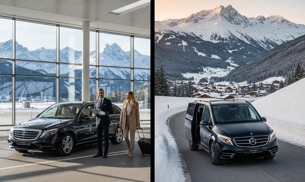 Munich Airport to Alps Luxury Transfer & VIP Chauffeur 1 Premium Mercedes S-Class chauffeured car arriving at a luxury ski resort in the Austrian Alps.