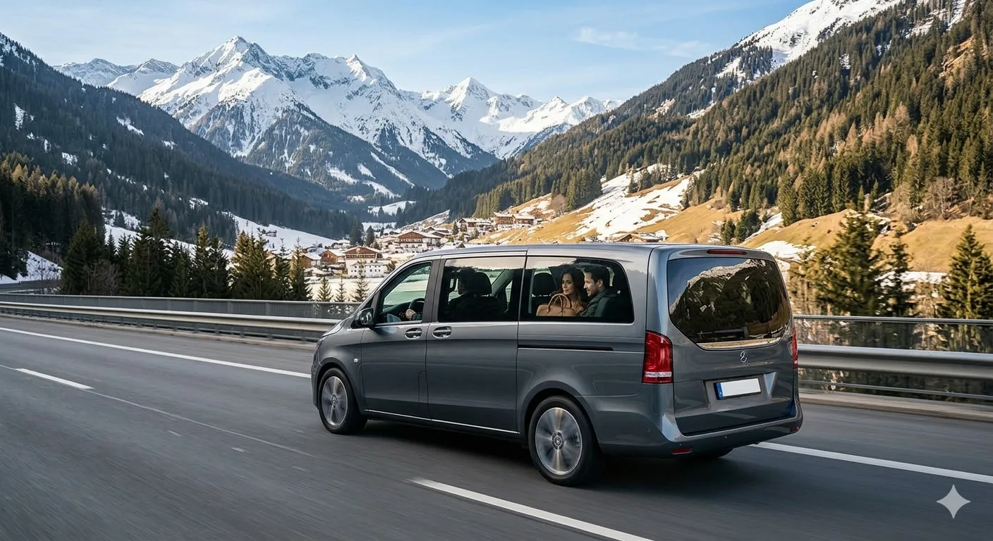 Private Airport Transfer Austria luxury chauffeur vehicle in Alpine landscape